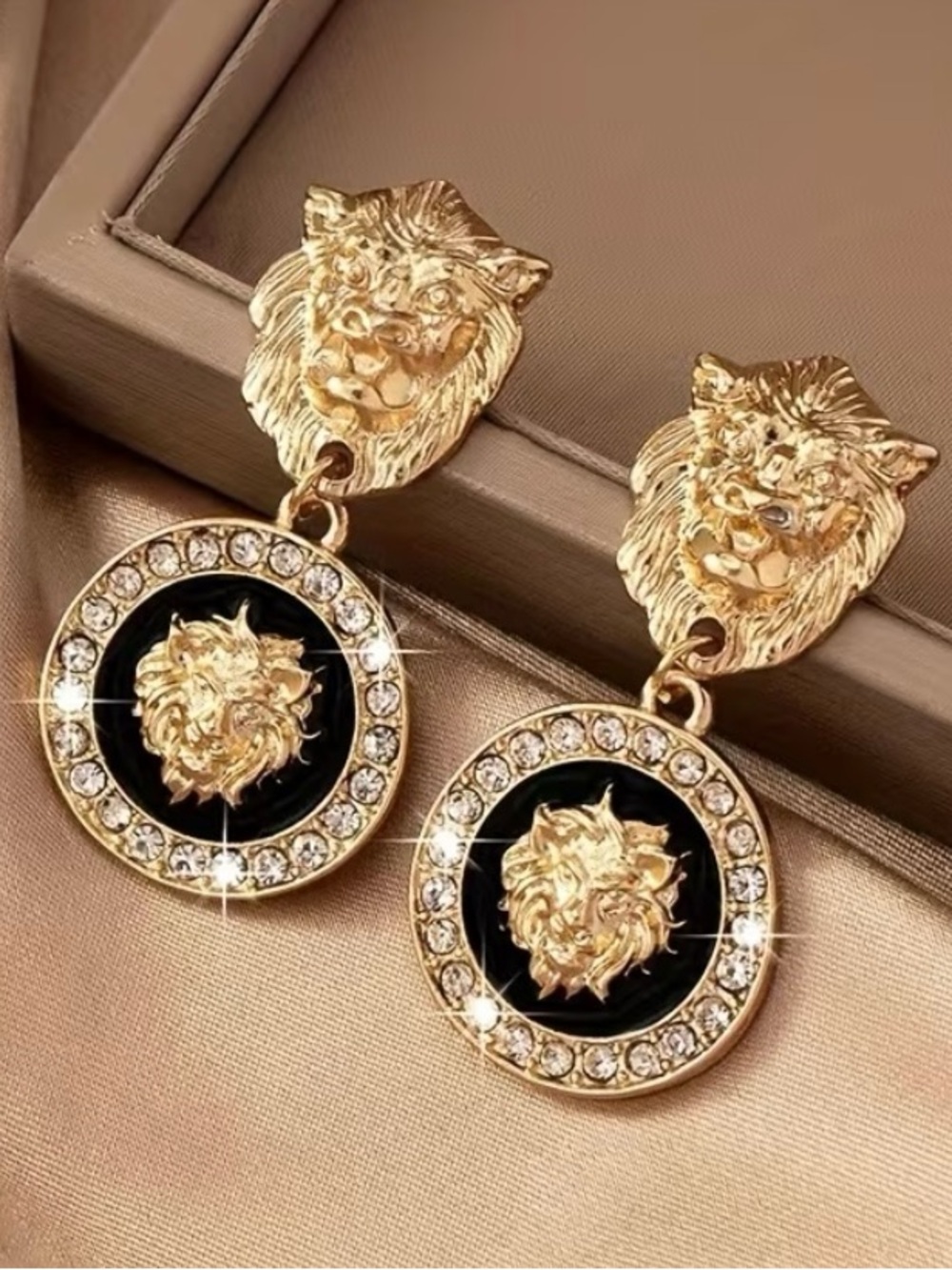 Gold Lion Head Drop Earrings w/ Black Disc Stud Statement Women’s Fashion NWT - Picture 1 of 6